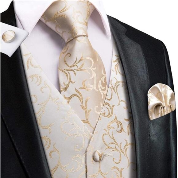 Men's Silk Vest Bowtie Set Formal Suit Vest Jacquard Tie Handkerchief - Picture 2 of 6